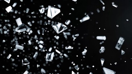 A breathtaking slow motion close-up of a glass object shattering into countless crystal shards, each fragment suspended mid-air in cinematic lighting and dramatic silence