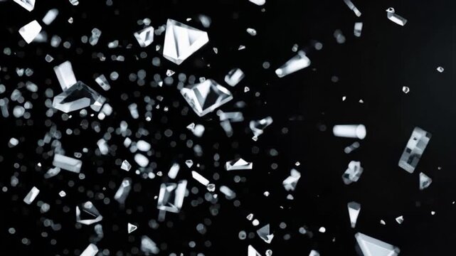 A breathtaking slow motion close-up of a glass object shattering into countless crystal shards, each fragment suspended mid-air in cinematic lighting and dramatic silence