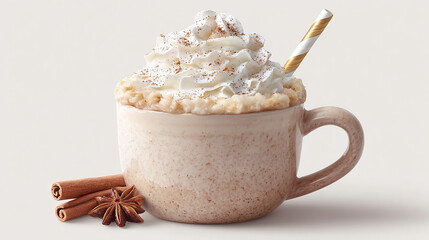 Warm coffee cup with whipped cream, fall spices, and birthday straw, hygge-themed PNG, transparent background