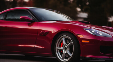 Sleek dark red cherry sports car displayed at sunset with focus on modern design