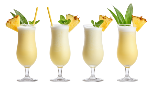 Set of creamy piña coladas with pineapple slices and mint in hurricane glasses, tropical cocktails isolated on transparent background