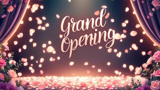 Grand Opening Celebration with Pink Flowers Petals Falling Down Purple Curtains and Warm Light Creates a Festive Theatrical Atmosphere - Powered by Adobe