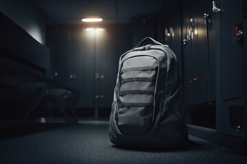 Dark backpack in a dimly lit locker room with lockers in the background