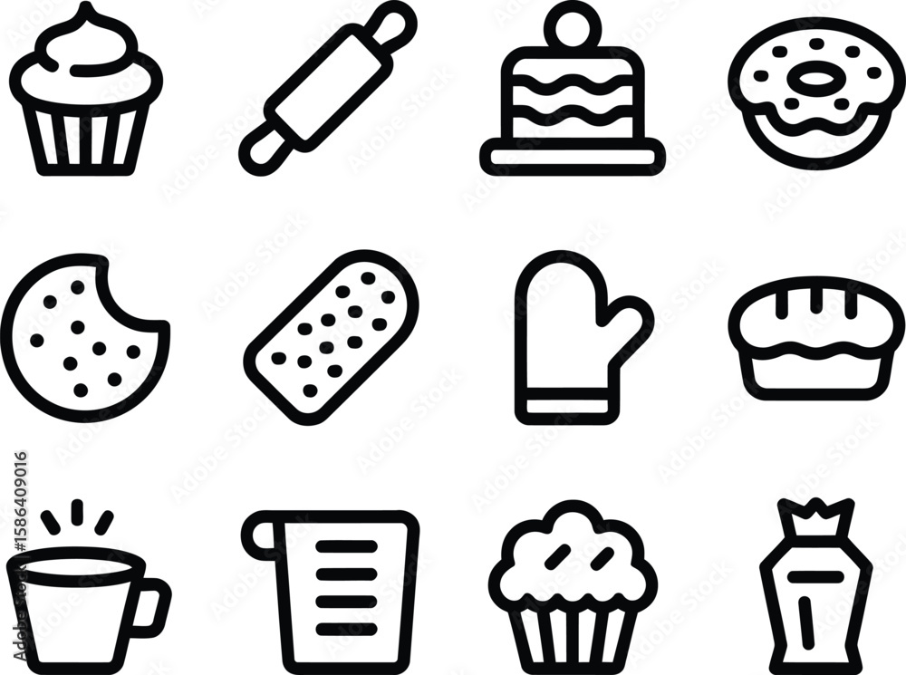 Poster collection of baking and dessert icons in a simple line art style