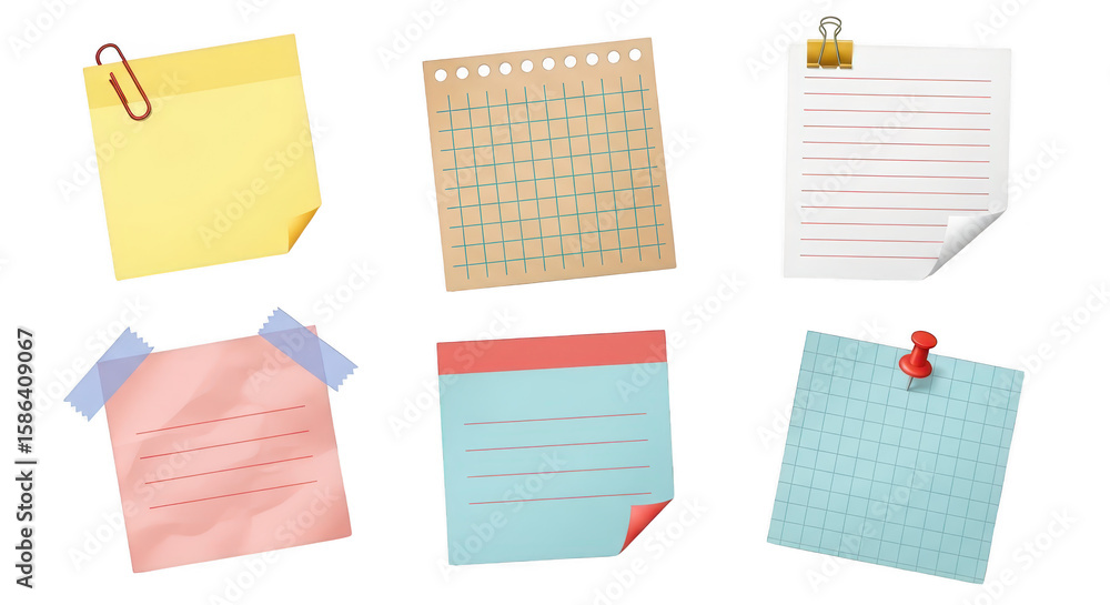 Poster a collection of colorful sticky notes and paper sheets with writing lines isolated on a transparent 