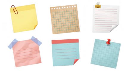 A collection of colorful sticky notes and paper sheets with writing lines isolated on a transparent background