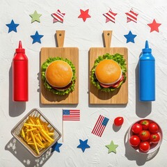 Two delicious american themed burgers with fries and condiments