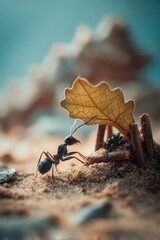 Ant constructs shelter using leaves and twigs in a sandy environment during daylight