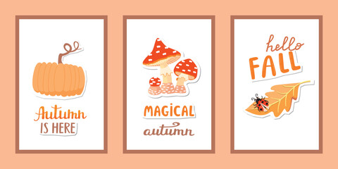 Magical autumn posters set. Pumpkin, fly agaric mushrooms, fall leaf with ladybug. Cartoon objects with paper cut shapes. Red, orange, brown colors on white background. Vector seasonal illustration.