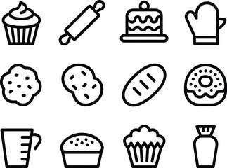 Collection of simple line art icons representing baking and desserts