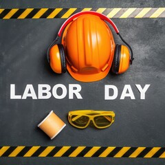 Labor day celebration with construction safety gear and warning stripes