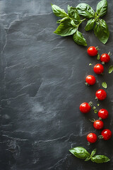 Fresh Tomatoes and Basil on Dark Slate for Food Photography Background