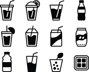 Collection of stylized black and white beverage icons on a white background