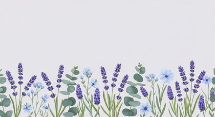 Naklejka premium Delicate lavender and eucalyptus sprigs adorn a serene floral border