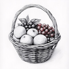 Pencil Drawing Fruit Basket Still Life Illustration Apples Grapes Food Art