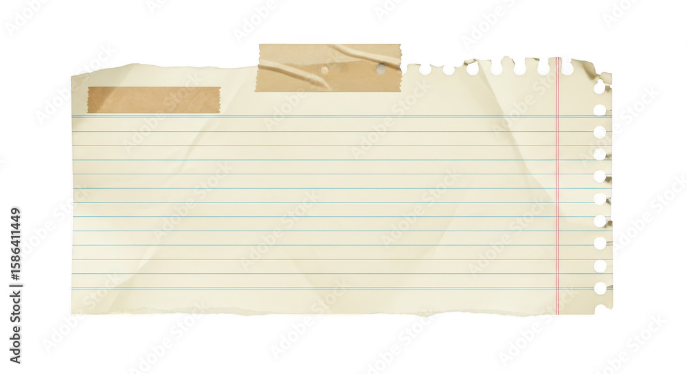 Poster a crumpled, torn sheet of lined notebook paper with tape, isolated on a transparent background