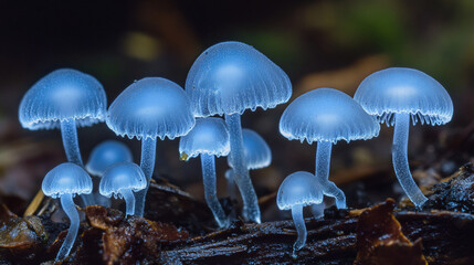 Mystical Blue Glowing Mushrooms in Dark Forest Macro Photography