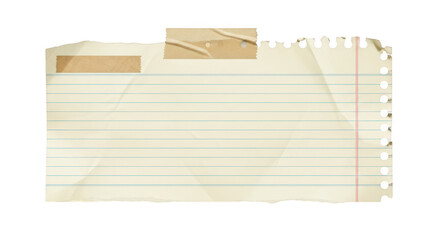 Fototapeta premium A crumpled, torn sheet of lined notebook paper with tape, isolated on a transparent background
