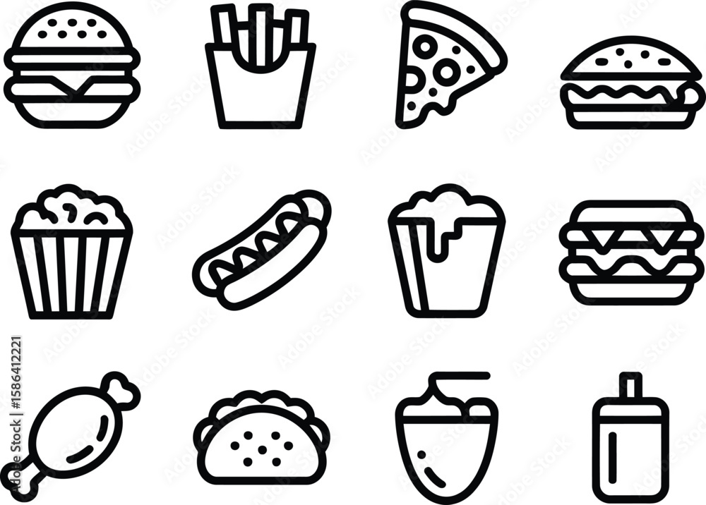 Poster collection of simple line art icons representing various fast food items and drinks