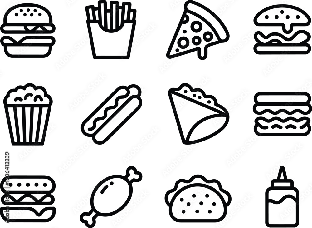 Poster collection of simple line art icons representing popular fast food items