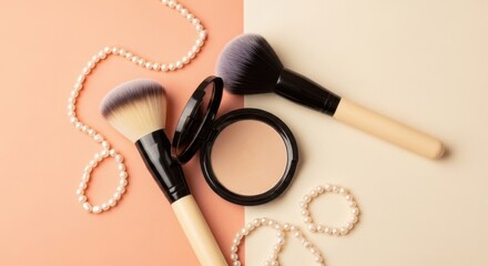 Makeup brushes and pearls arranged elegantly on a soft color background