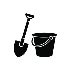 Black and White Simple Illustration of Bucket and Shovel, Perfect for Projects Relating to Playtime, Gardening or Construction