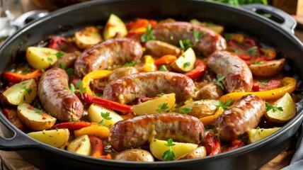 Delicious dinner with sausages and potatoes cooked in one pan. Sausages and tender potatoes are perfectly cooked in combination with juicy bell peppers and onions.