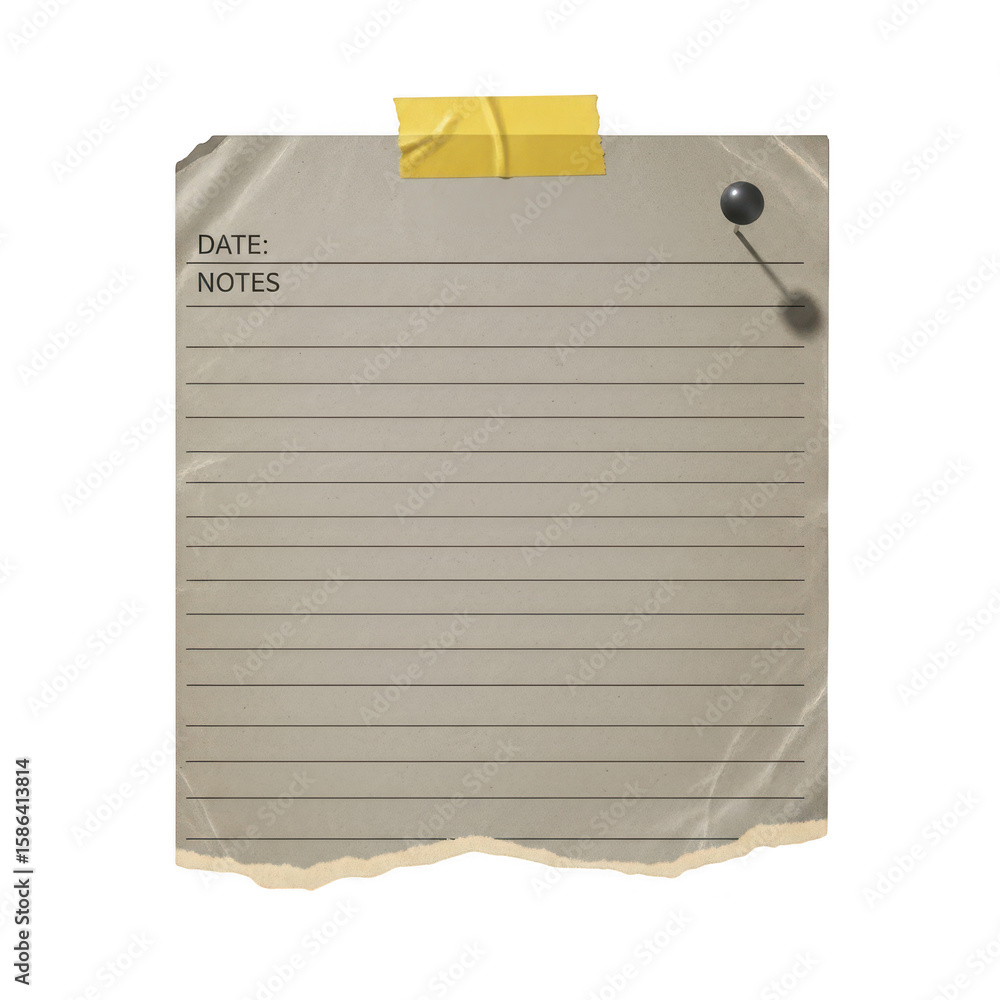 Poster a vintage lined notepad with date and notes headings, secured by yellow tape and a thumbtack on whit