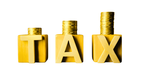 Golden currency tax symbols and stacked coins on a transparent background: financial growth and wealth investment concepts