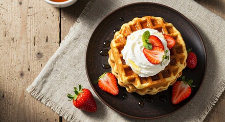 Delicious waffle stack with whipped cream and fresh strawberries for breakfast treat delight