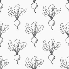 Vector Seamless Pattern with Outlined Black Radish on White Background. Radish Illustration for Kitchen Decor, Radish Wallpaper, Vegetable Fabric, Food Packaging Design, Organic Food Illustration