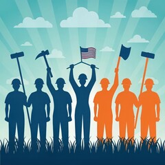 Diverse group of workers holding tools and american flag celebrating labor