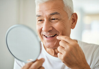 Smiling senior man checking teeth in mirror for dental health at home