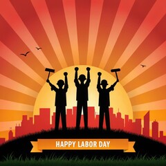 Silhouetted workers celebrate labor day with raised fists and tools