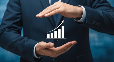 A businessman in a suit holds his hands around a rising bar graph with an upward arrow