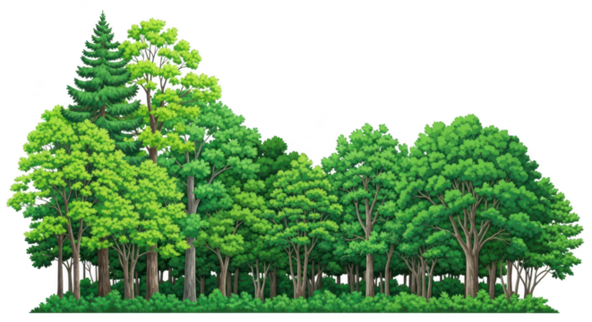 A dense forest of lush green trees with varied foliage and trunks, set against a transparent background