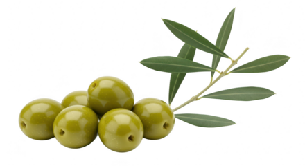 A cluster of ripe green olives with a fresh olive branch, isolated on a transparent background