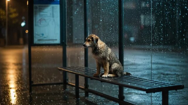 Wet stray puppy sitting alone at a rainy bus stop. Sad, emotional 3D night scene with cold light and reflections. No people, realistic detail.