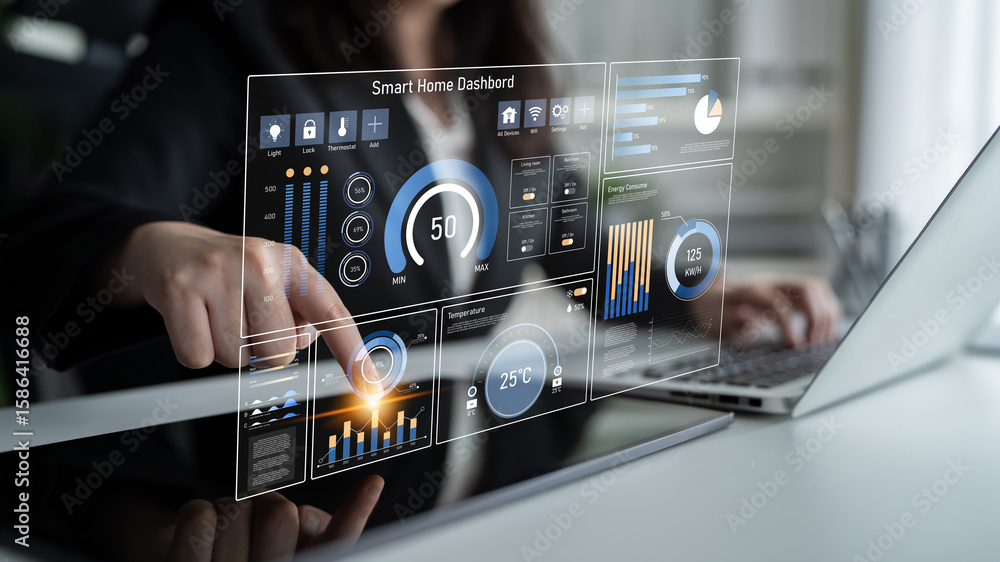Poster smart home dashboard manages iot system. smart home dashboard controls temperature, dashboard tracks