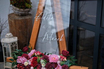 Welcome in wedding party glass information board