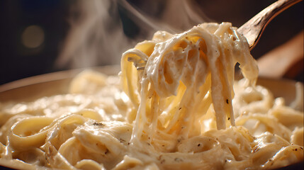 fork pulling portion of creamy cheesy pasta Fettuccine Alfredo