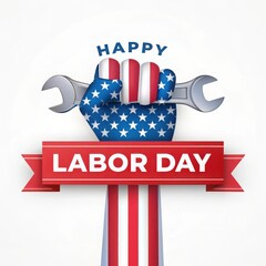 Happy labor day fist holding wrench with american flag design
