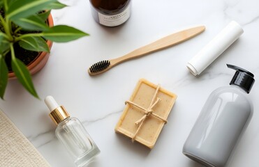Sustainable and natural personal care products on a white marble surface