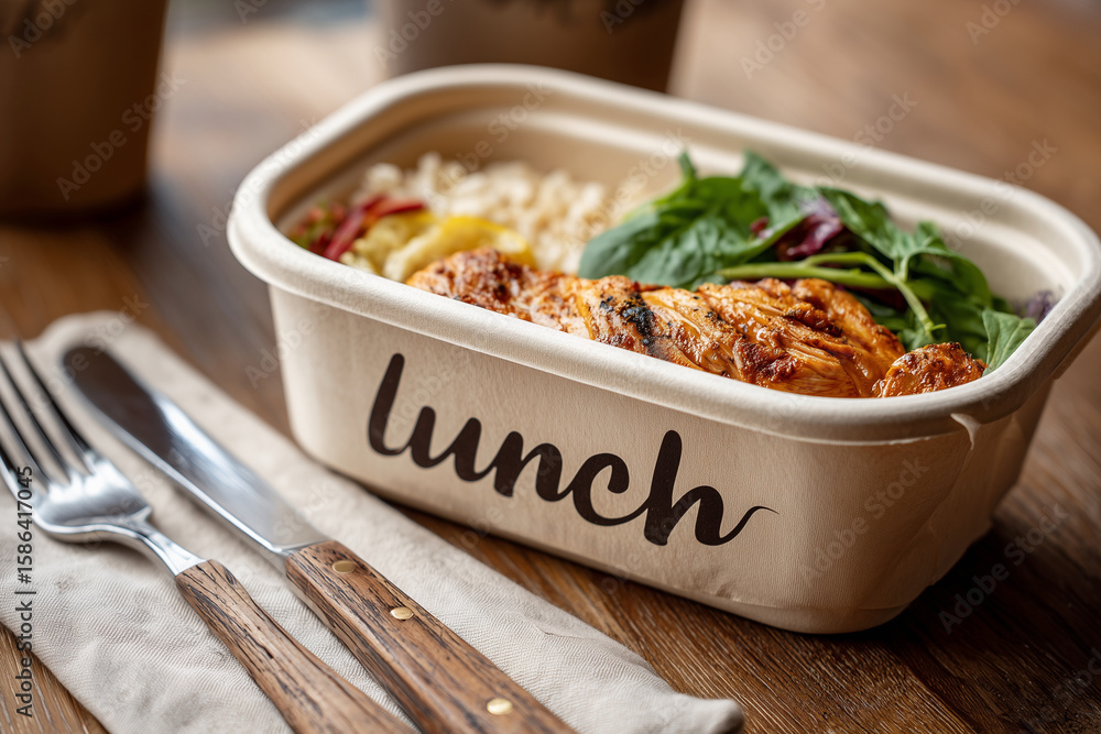 Poster a lunch box with a meal inside and a fork and knife on a table