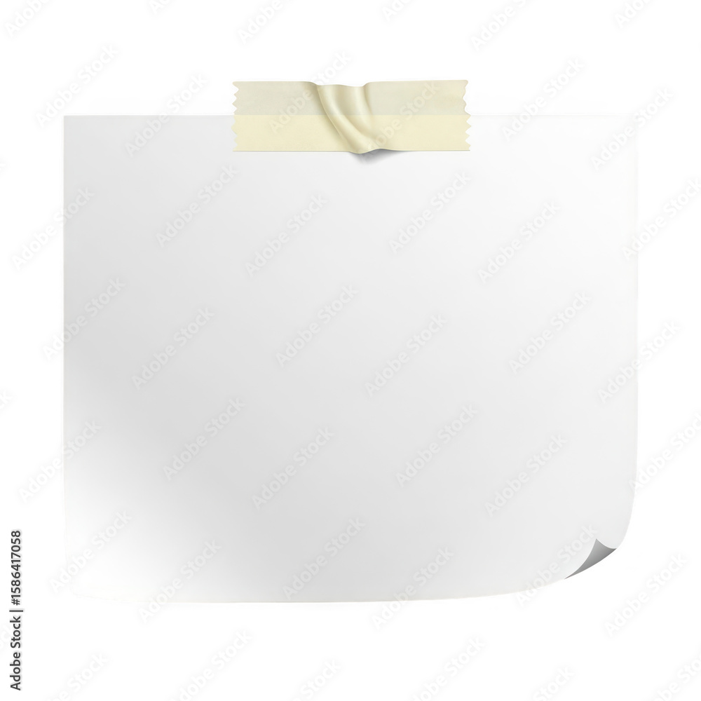 Poster a blank white sheet of paper attached with masking tape, isolated on a transparent background