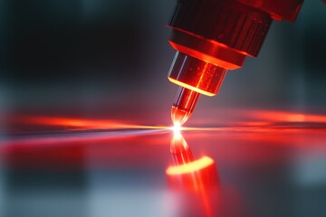 A close-up of a high-precision industrial laser cutting a metal sheet with a powerful, focused red light beam.