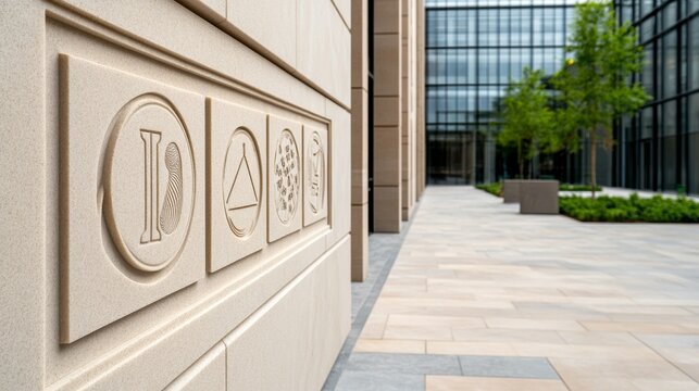 Engraved Symbols on Stone Wall with Building and Trees, Architectural ,Modern