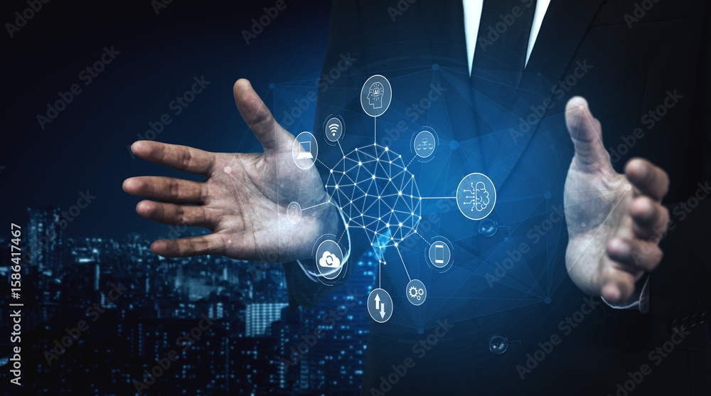 Poster a visual of artificial intelligence network connecting ai, network, and system across a structured d