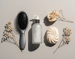 A shampoo bottle, brush, and soaps, with dried flowers on a neutral background