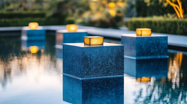 Floating Lanterns Cubes reflecting in water with soft, ambient glow, water feature , landscaping
